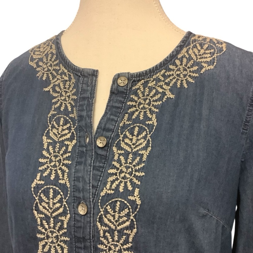 J. JILL MISSY BLUE DENIM LONG SLEEVE/ EMBROIDERED DESIGN SHIRT DRESS/ Size XS - Picture 5 of 12